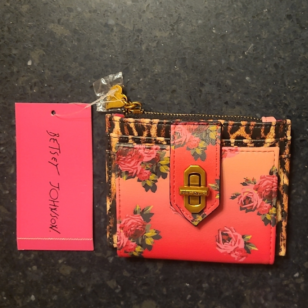 Betsey Johnson Coral Pink Floral & Leopard Print Wallet